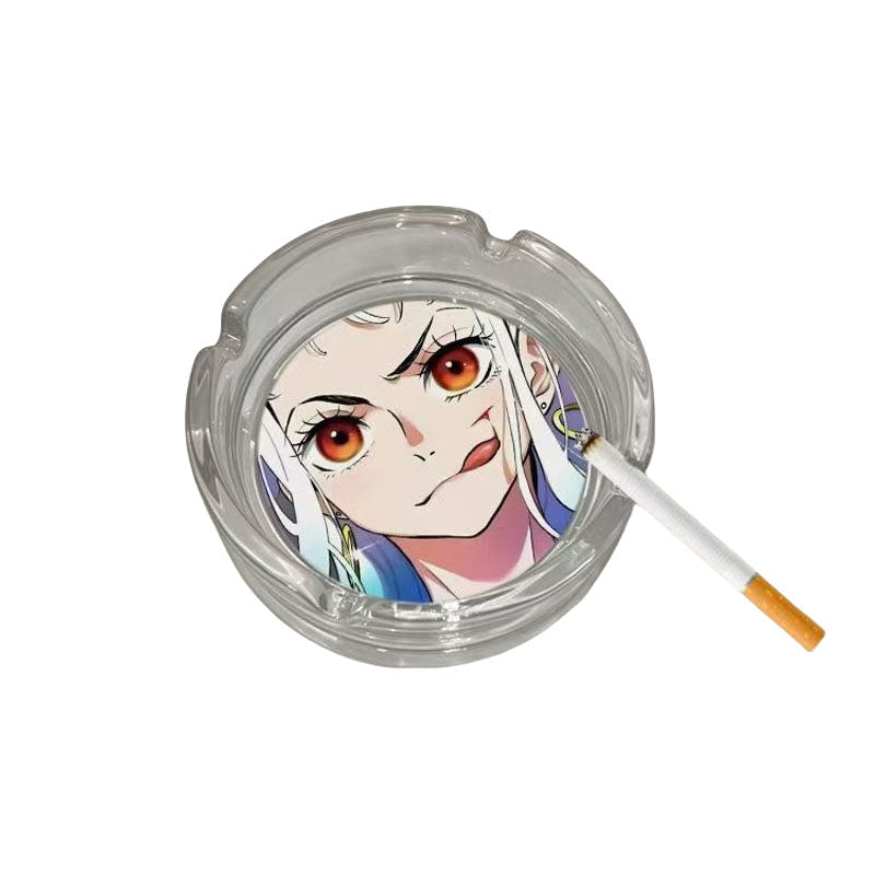 One Piece Anime Glass Ashtray, Luffy Zoro Ace Sanji Round Cigarette Ashtray, Portable Clear Glass Ash Tray with Character Print, Desktop Decor Collectible Gift for One Piece Fans