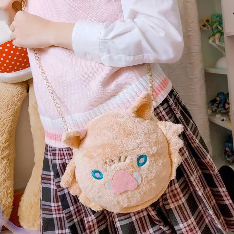 Demon Slayer Inosuke Hashibira Plush Crossbody Bag, Kimetsu No Yaiba Boar Mask Cute Plush Purse, Anime Character Chain Shoulder Bag, Small Zipper Coin Bag Collectible Gift for Demon Slayer Fans