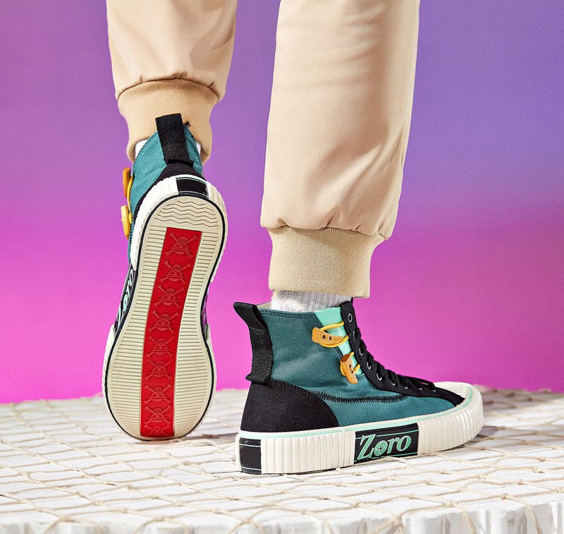 One Piece Zoro High Top Canvas Sneakers, Unisex Lace-Up Thick Ribbed Cookie Sole Skate Shoes, Green Black Anime Casual Footwear, One Piece Anime Streetwear Sneakers, Anime Fan Collectible Gift