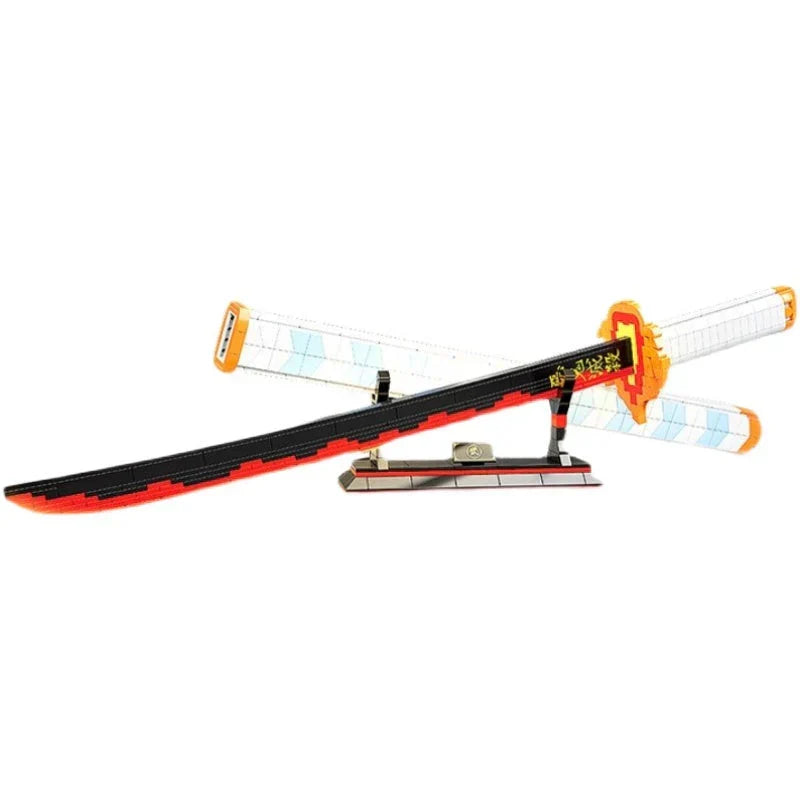 Demon Slayer Nichirin Sword Building Block Set, Rengoku Kyojuro Katana Model with Stand, Anime Samurai Blade Bricks Kit, DIY Assembly Collectible Display Toy Gift for Demon Slayer Fans