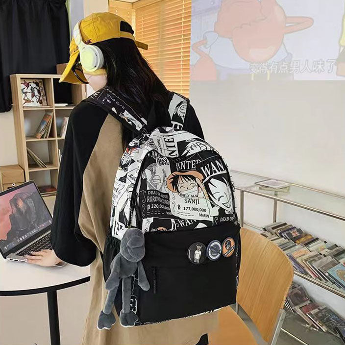 One Piece Anime Newspaper Print Backpack, Luffy Comic Collage School Bag with Plush Pendant, Large Capacity Casual Daypack, Multiple Pockets Lightweight Laptop Backpack for Teens Students Outdoor Travel