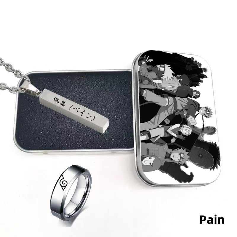 Naruto Uzumaki Anime Jewelry Set, Engraved Name Bar Pendant Necklace + Konoha Symbol Ring, Metal Collectible Gift Box, Anime Cosplay Accessory Gift Set for Naruto Fans
