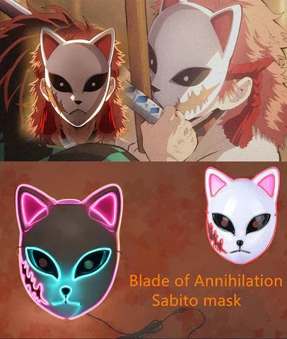 Demon Slayer Anime Cosplay Mask, Inosuke Boar Mask & LED Glowing Cat Fox Mask, Kimetsu no Yaiba Halloween Party Costume Prop, Light Up Anime Mask for Cosplay, Halloween Carnival Dress Up Gift