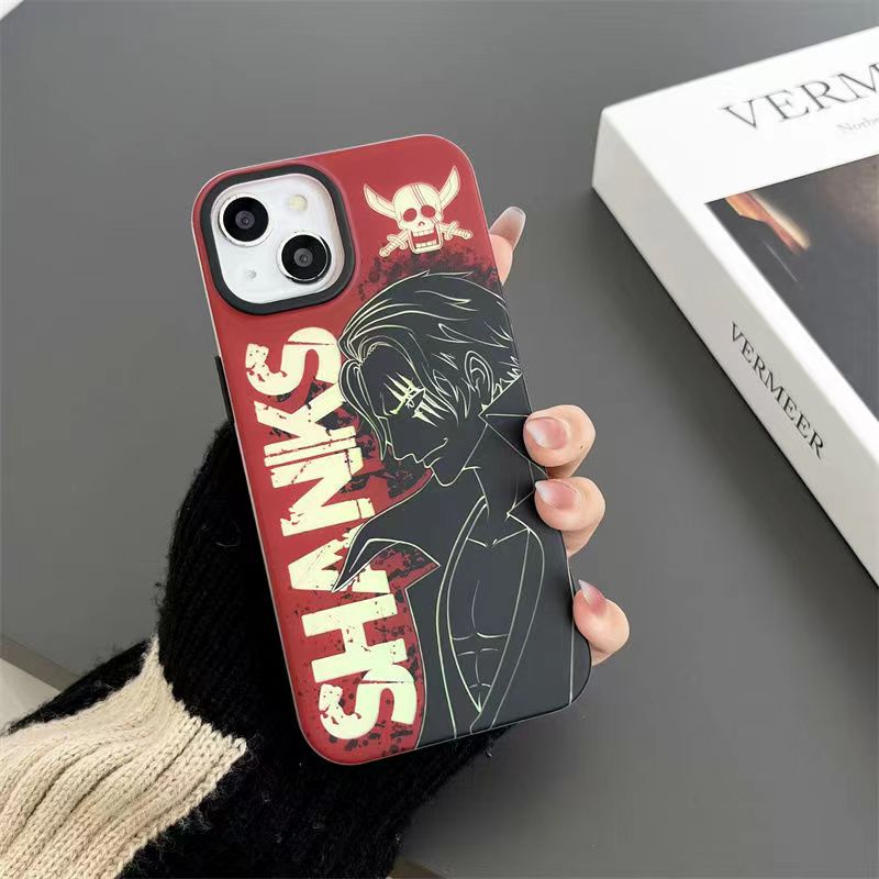 One Piece Anime Phone Case for iPhone, Luffy & Shanks Red Background Line Art Print Shockproof Hard Protective Cover, One Piece Skull Logo Character Phone Shell Anime Merch for iPhone Series