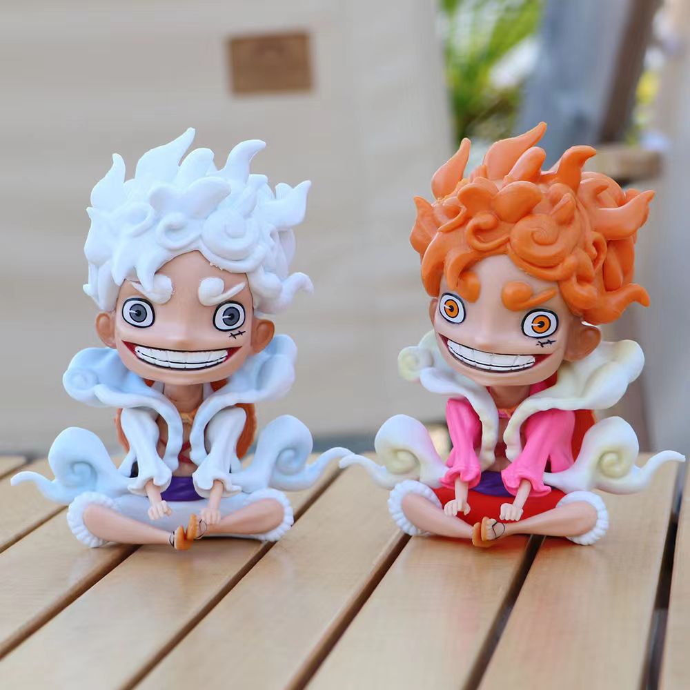 One Piece Nika Luffy Gear 5 Figure, Q Version Sitting Nika Luffy Anime Statue, White & Orange Hair 2 Styles Collectible PVC Figurine, Desktop Decoration Gift for One Piece Fans