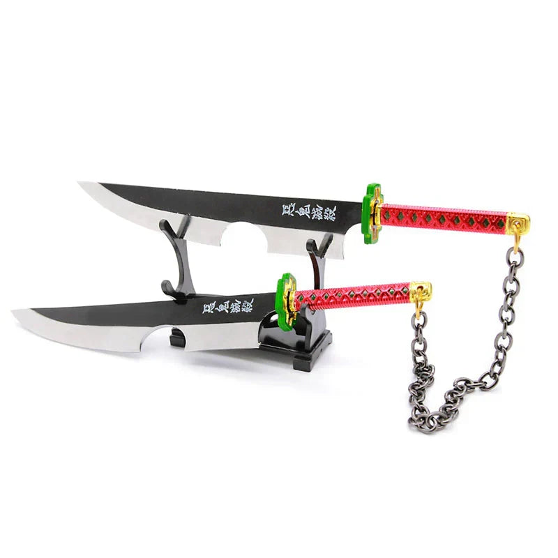 Demon Slayer Tengen Uzui Nichirin Dual Swords Cosplay Prop, Kimetsu No Yaiba Sound Hashira Twin Blade Katana Replica with Chain, Wooden Anime Weapon for Cosplay Costume, Display and Halloween