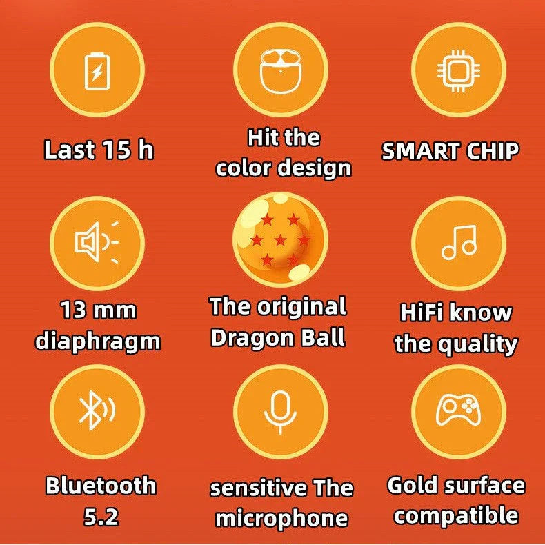 Dragon Ball Z TWS True Wireless Bluetooth Earbuds, DBZ Anime Goku Buu Frieza Shenron Printed Bluetooth Headphones, Touch Control Stereo Earphones with Charging Case, Dragon Ball Fan Anime Merch Gift