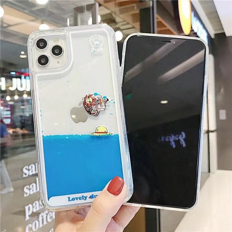 One Piece Anime Liquid Floating Phone Case for iPhone, Thousand Sunny Moving 3D Pirate Ship Clear Quicksand Case, Luffy Crew Characters Transparent Shockproof Protective Cover, Anime Fan Cute Phone Shell Gift