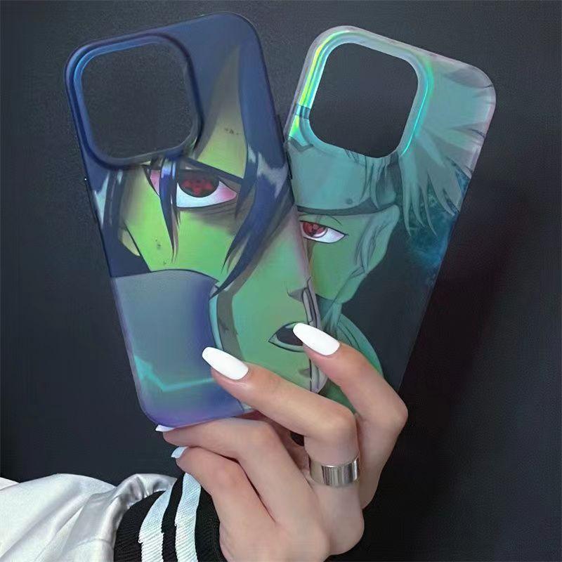 Naruto Anime Holographic Print Phone Case for iPhone, Uchiha Sasuke Hatake Kakashi Color Shifting Manga Character Cover, Slim Shockproof Anti-Scratch Soft Protective Phone Shell, Anime Naruto Fan Birthday Gift
