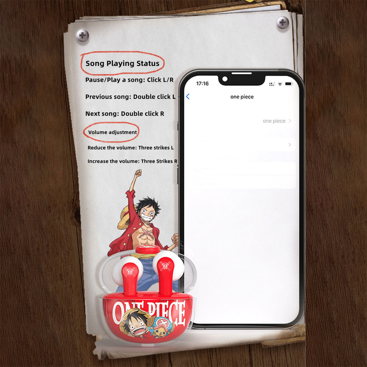 One Piece Wireless Bluetooth Earbuds, Luffy Chopper Cute Anime TWS Earphones, Transparent Charging Case, Stereo Sound Touch Control Earphones, Portable Headset Gift for One Piece Anime Fans