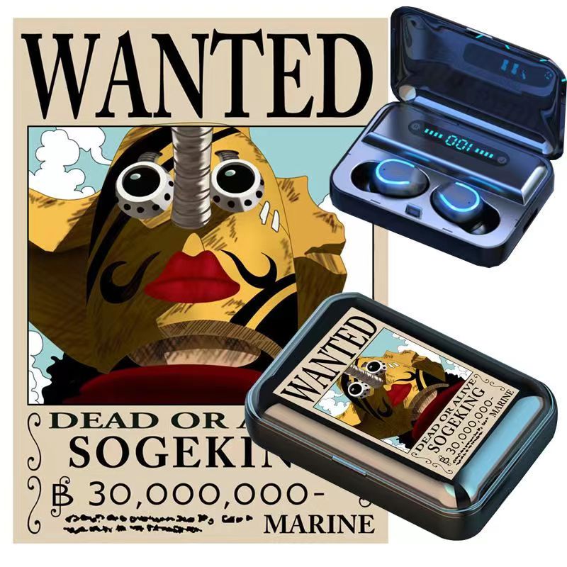 One Piece Wanted Poster Wireless Earbuds, Anime Luffy Zoro Nami Chopper Sanji TWS Bluetooth Earphones, Touch Control Stereo Headphones with Wanted Bounty Poster Charging Case for Anime Fans
