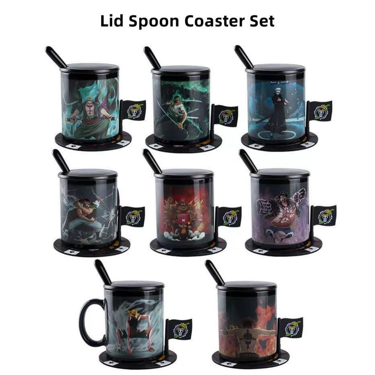 One Piece Heat Changing Magic Mug Set with Lid Spoon Coaster, Anime Luffy Zoro Ace Chopper Law Newgate Heat Sensitive Ceramic Coffee Cup, 11oz Color Changing Tea Mug, Hot Water Activated Cup, One Piece Fan Gift Box
