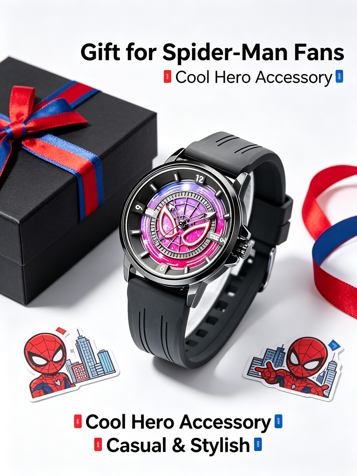 Marvel Spider-Man Analog Quartz Watch for Men Boys, Comic Hero Wrist Watch with Black Soft Silicone Strap, Colorful Spider Web Dial, Casual Sports Watch, Ideal Gift for Spider-Man Fans