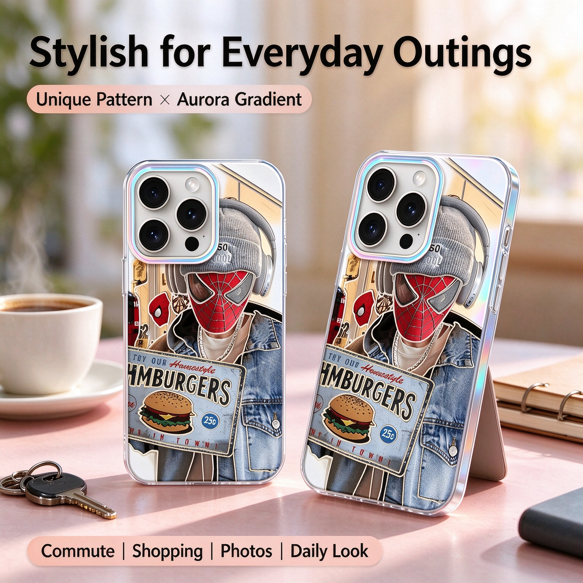 Laser Gradient iPhone Case, Streetwear Spider-Man Hamburger Pattern Clear Phone Cover, Aurora Rainbow Camera Frame Shockproof Soft Protective Case for All iPhone Models