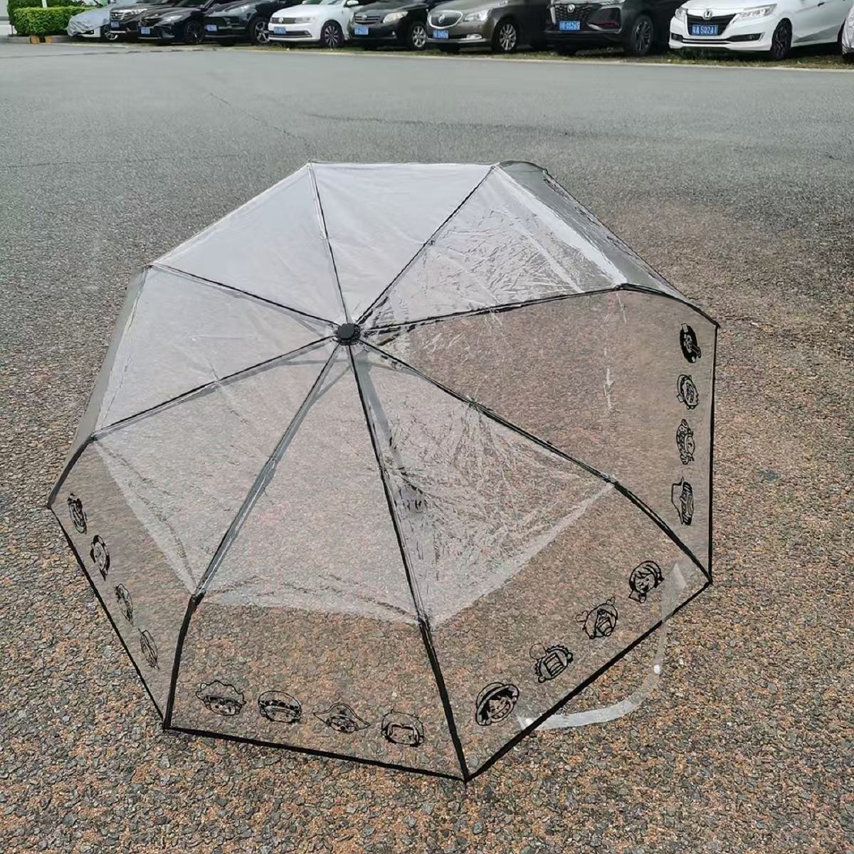 One Piece Anime Automatic Clear Umbrella, Luffy and Crew Q Chibi Character Print Transparent Rain Umbrella, Portable Folding Auto Open Umbrella, Anime Collectible Gift for One Piece Fans