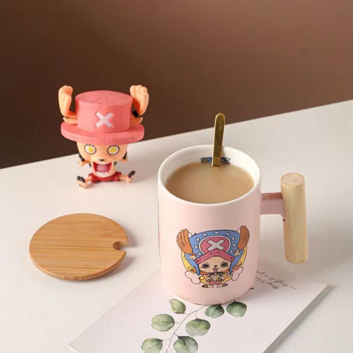 One Piece Anime Ceramic Mug with Wooden Handle, Luffy Chopper Zoro Cartoon Coffee Cup with Bamboo Lid & Spoon, Anime Water Cup Gift Set for One Piece Fans