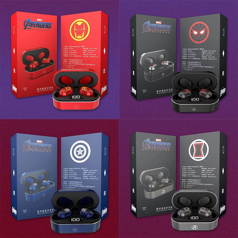 Marvel Avengers Iron Man Captain America Spider‑Man Black Widow TWS True Wireless Bluetooth Earbuds, LED Digital Power Display, Noise Cancelling Hi‑Fi Stereo In‑Ear Headphones For Fans Gift