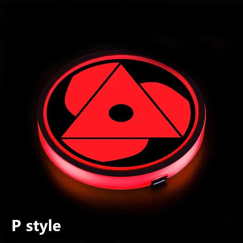 Naruto One Piece Car Accessory Gift,Anime Sharingan LED Car Cup Holder Coaster, Intelligent Sensor Light Up Cup Mat, USB Rechargeable, Multi-Color Changing Car Interior Decor.