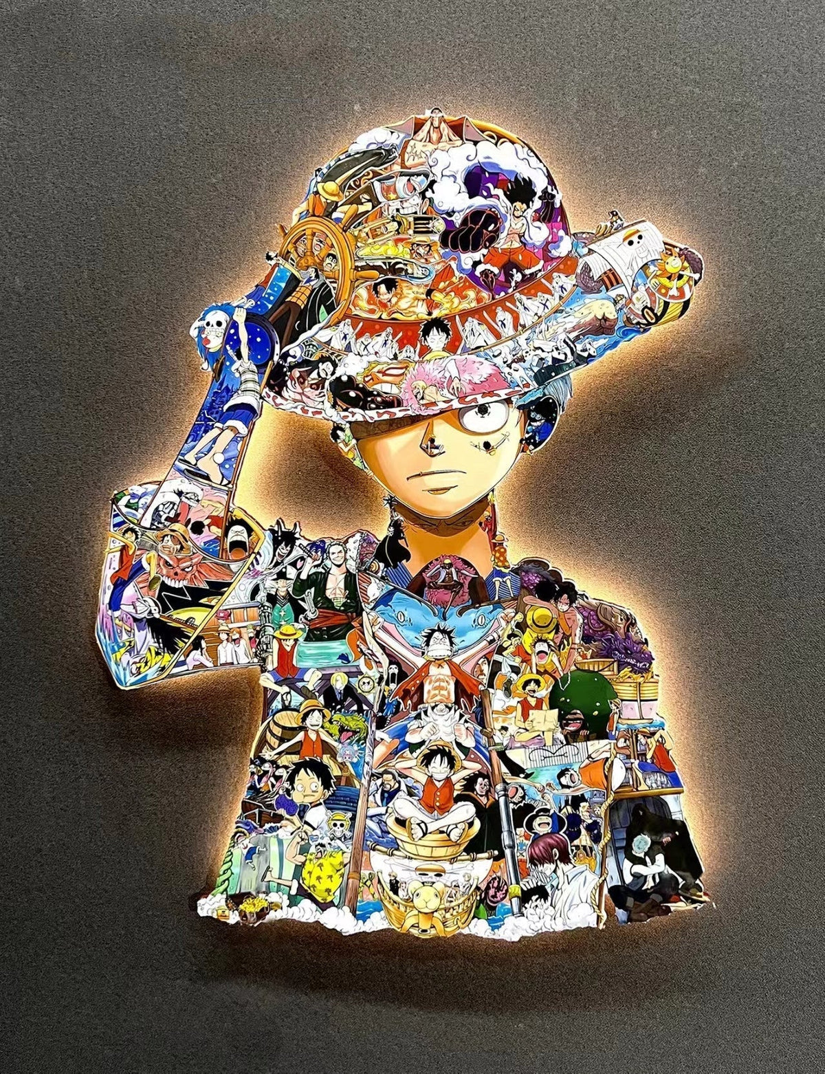 One Piece Luffy Collage LED Wall Art Decor, Anime Monkey D Luffy Wooden Cutout Backlit Wall Sign, Colorful Mosaic Character Collage Artwork, Anime Bedroom Wall Hanging Decoration, One Piece Fan Collectible Gift