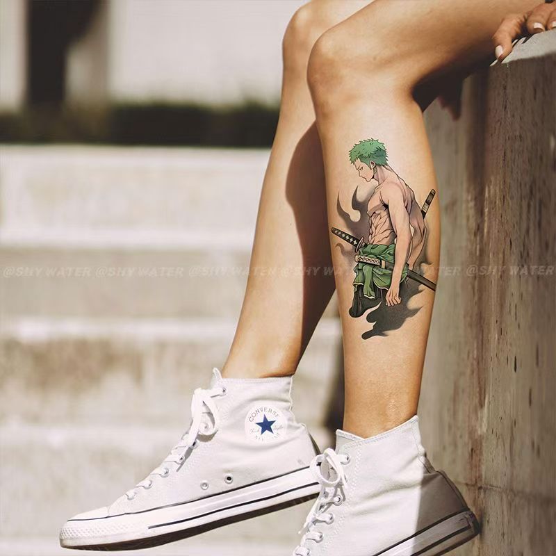 One Piece Roronoa Zoro Temporary Tattoo Sticker, Anime Zoro Character Fake Tattoo, Waterproof Long Lasting Body Art Tattoo Decal, Large Size Tattoo Stickers for Arm Leg, Anime Cosplay Merch Gift for One Piece Fans