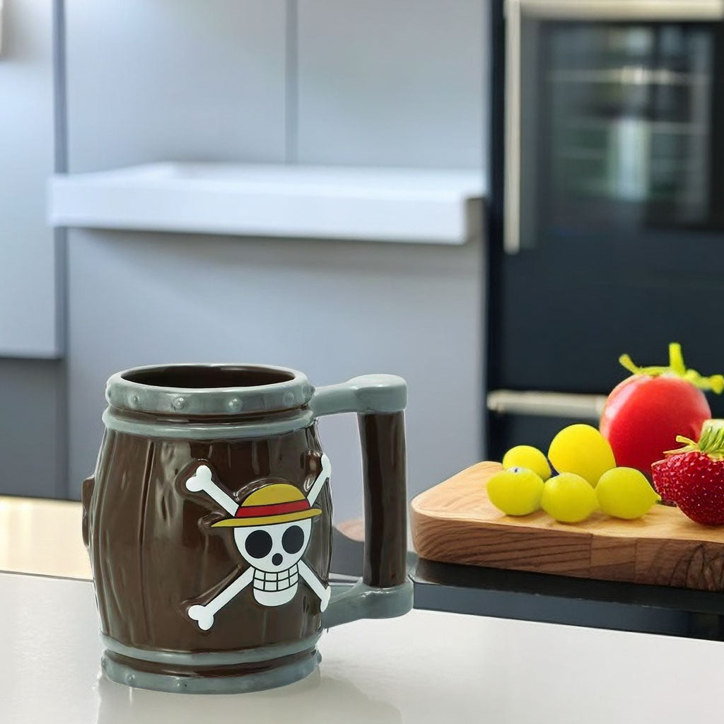 One Piece Pirate Barrel Ceramic Mug, 3D Skeleton Straw Hat Jolly Roger Coffee Cup, Pirate Barrel Shaped Beer Stein, Collectible Drinking Cup Gift for One Piece Fans