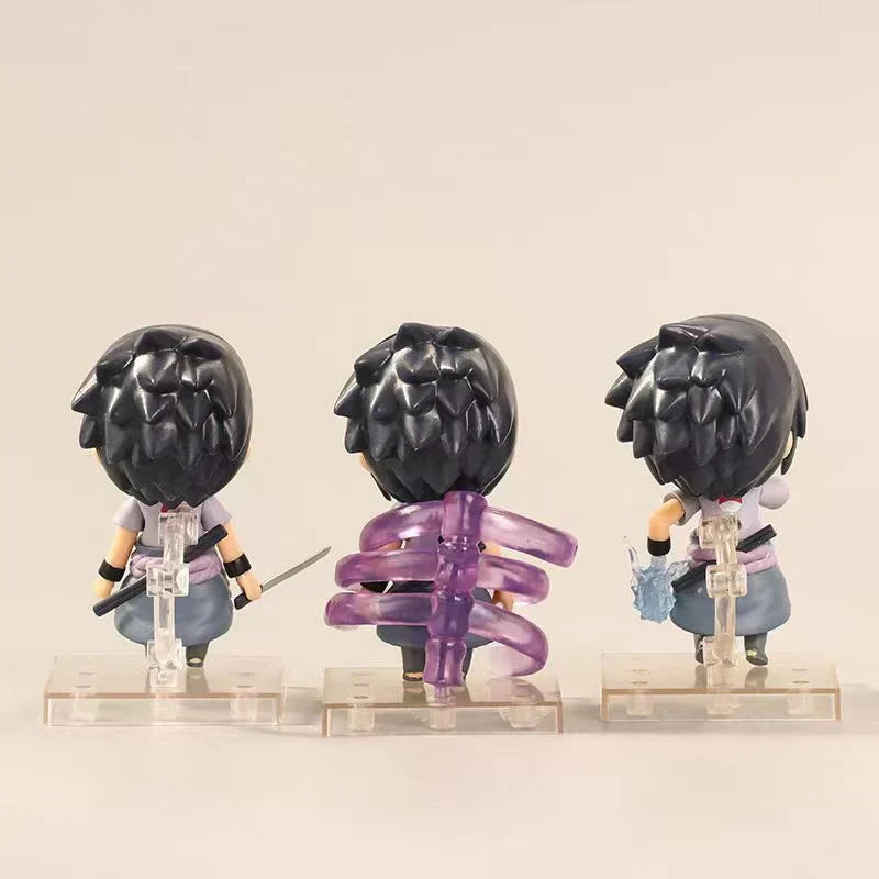 Naruto Uchiha Sasuke Nendoroid Style Figure Set of 3, Q Version Changeable Faces Anime Action Figurine with Weapon & Effect Parts, Collectible Model with Stand, Desktop Ornament Fan Gift