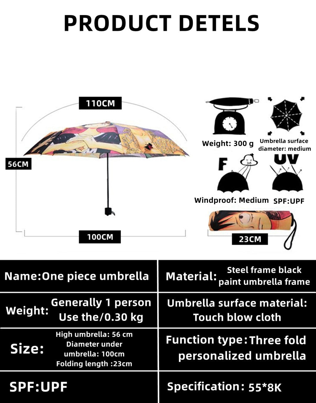 One Piece Anime Folding Umbrella, Straw Hat Crew Luffy Zoro Nami Sanji Compact Portable Travel Umbrella, UV Protection Sun Rain Dual Use Windproof Foldable Umbrella, Anime Merch Gift for One Piece Fans