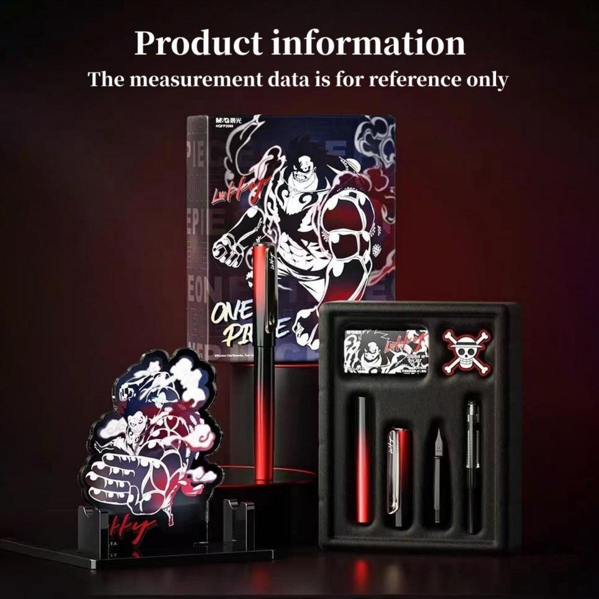 One Piece Luffy Fountain Pen Gift Box Set, Metal Fountain Pen with Extra Nib, Ink Cartridges, Acrylic Stand & Skull Badge, Smooth Writing Pen for Students, Anime Merch Collectible Gift
