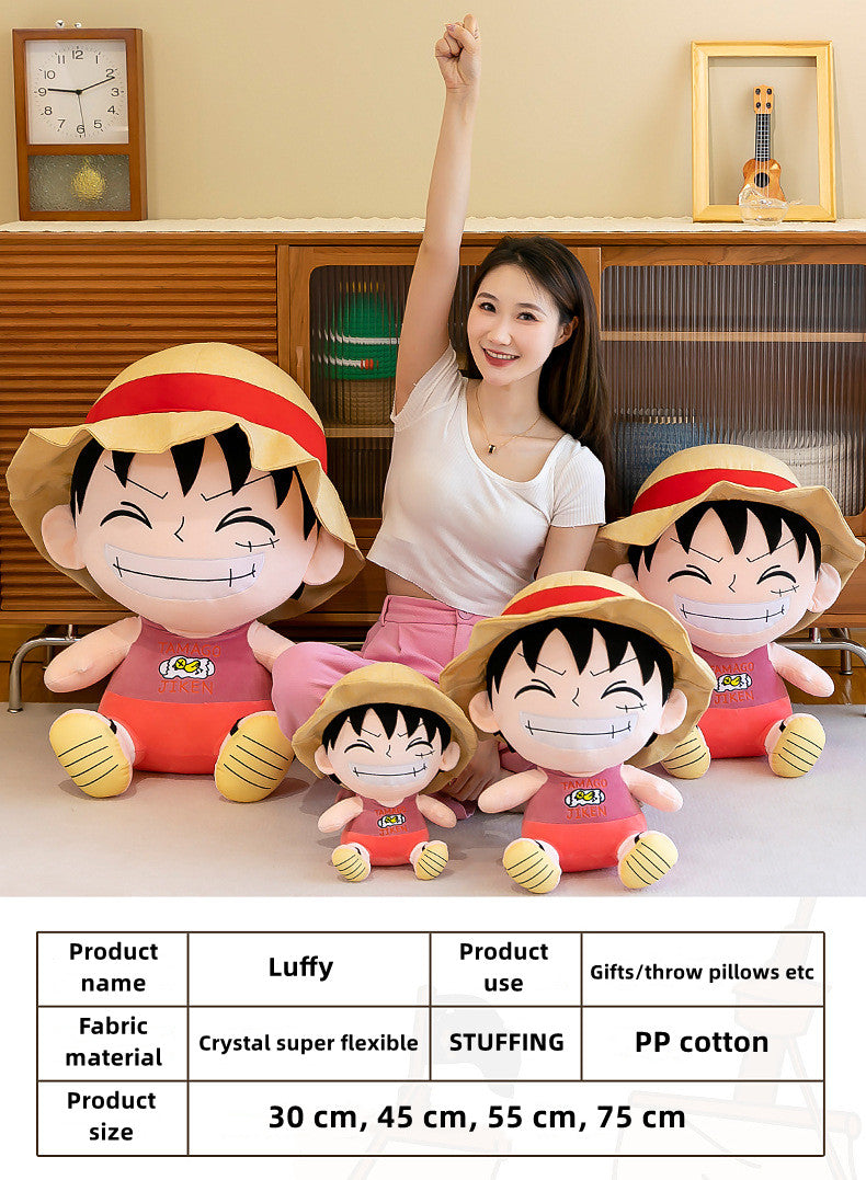 One Piece Luffy Plush Doll, Cute Monkey D Luffy Sitting Stuffed Plush Toy, Soft Anime Character Figure Pillow, Collectible Decor Gift for One Piece Fans Kids Adults