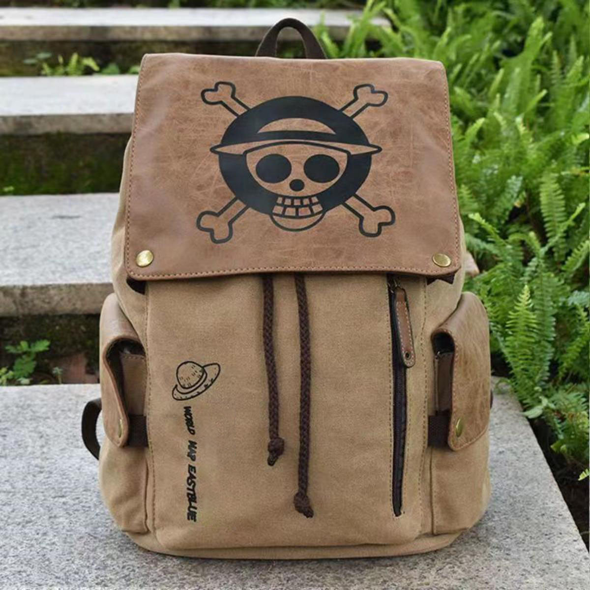 One Piece Straw Hat Pirates Skull Logo Canvas Backpack, Vintage Anime Flap Drawstring Rucksack, Large Capacity School Laptop Bookbag, Casual Travel Daypack, Anime Collectible Gift for One Piece Fans