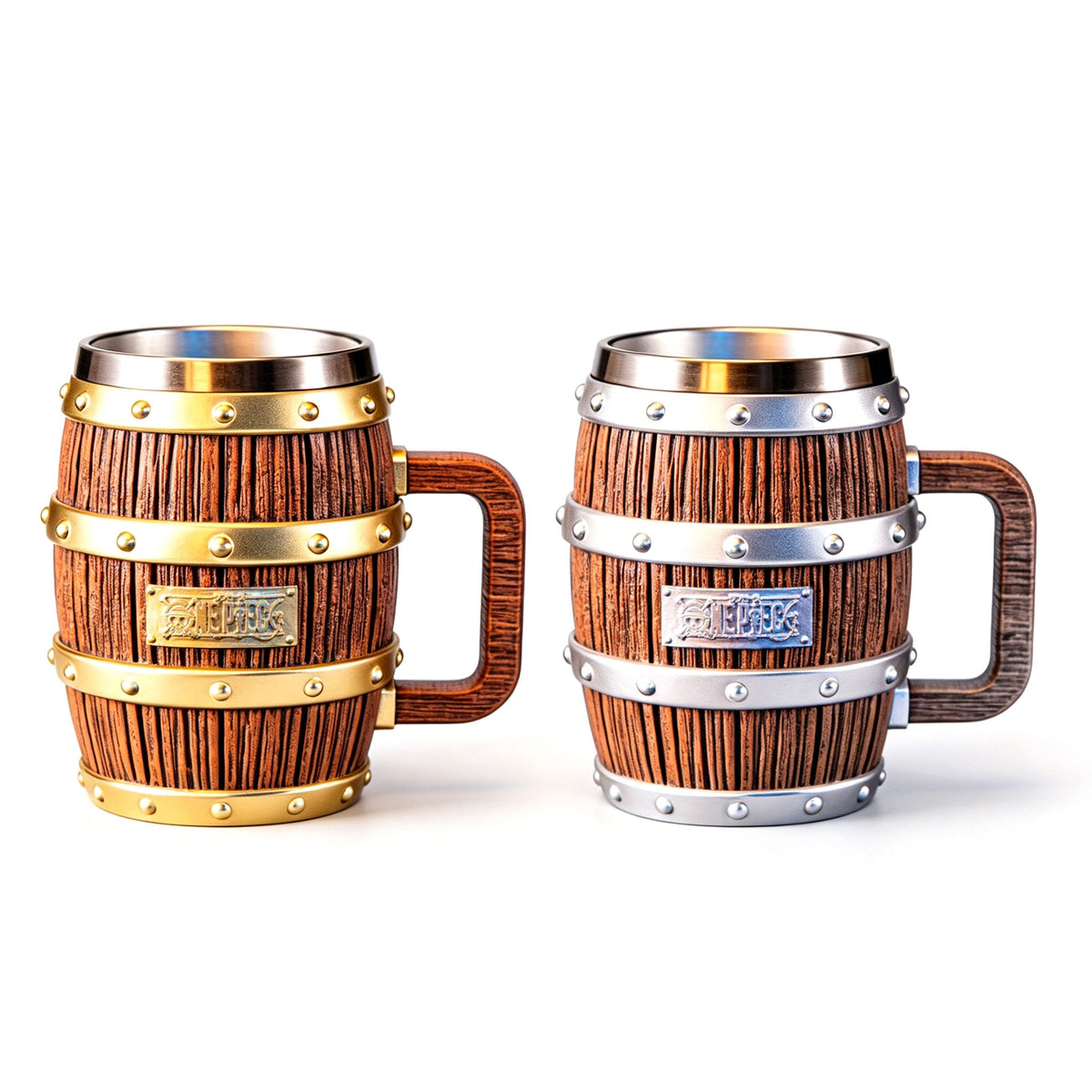 One Piece Barrel Mug, Pirate Wooden Barrel Style Beer Tankard, 304 Stainless Steel Liner Resin Cup with Handle, One Piece Anime Collectible Coffee Tea Mug Gift for Fans