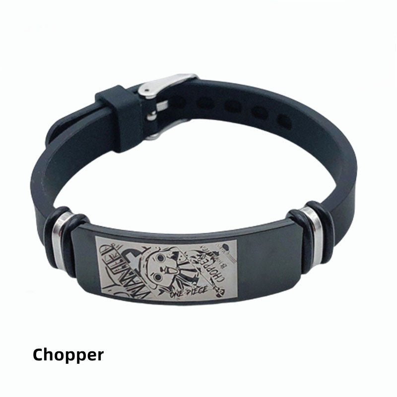 One Piece Anime Bracelet, Wanted Poster Engraved Silicone Wristband, Adjustable Stainless Steel Tag Bracelet, Luffy Zoro Ace Sabo Nami Sanji Chopper Cosplay Jewelry Gift for One Piece Fans