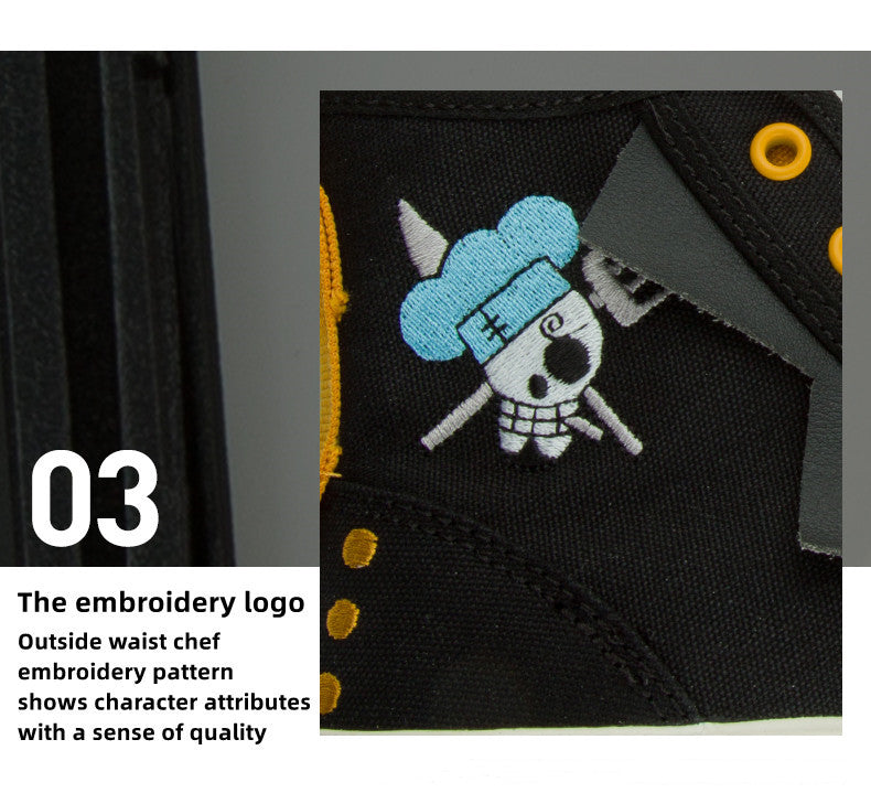 One Piece Sanji High Top Canvas Sneakers, Unisex Lace-Up Thick Cookie Ribbed Sole Skate Shoes, Black Yellow Anime Embroidery Casual Footwear, One Piece Anime Streetwear Sneakers, Anime Fan Collectible Gift