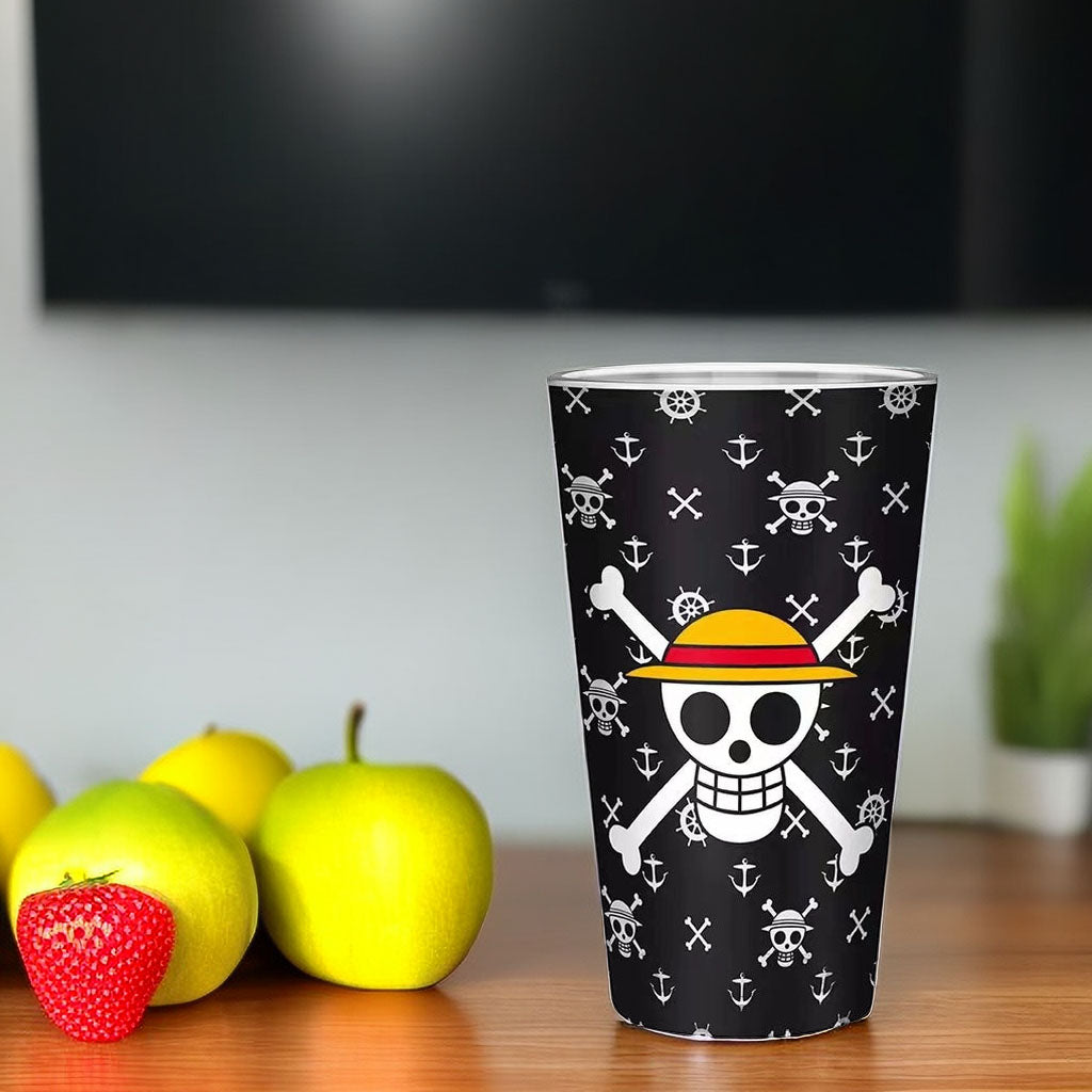 One Piece Luffy Pint Glass, Straw Hat Pirate Skull Logo Anime Drinking Cup, 16oz Glass Tumbler for Soda Beer Water, Collectible Table Decor Gift for One Piece Anime Fans
