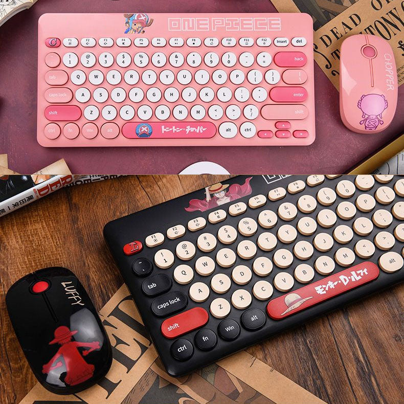 One Piece Wireless Keyboard and Mouse Set, Retro Round Punk Keycaps Anime Keyboard Mouse Combo, 2.4G Portable Cute Wireless Keyboard Mouse Kit for Laptop PC Desktop, One Piece Fans Gift