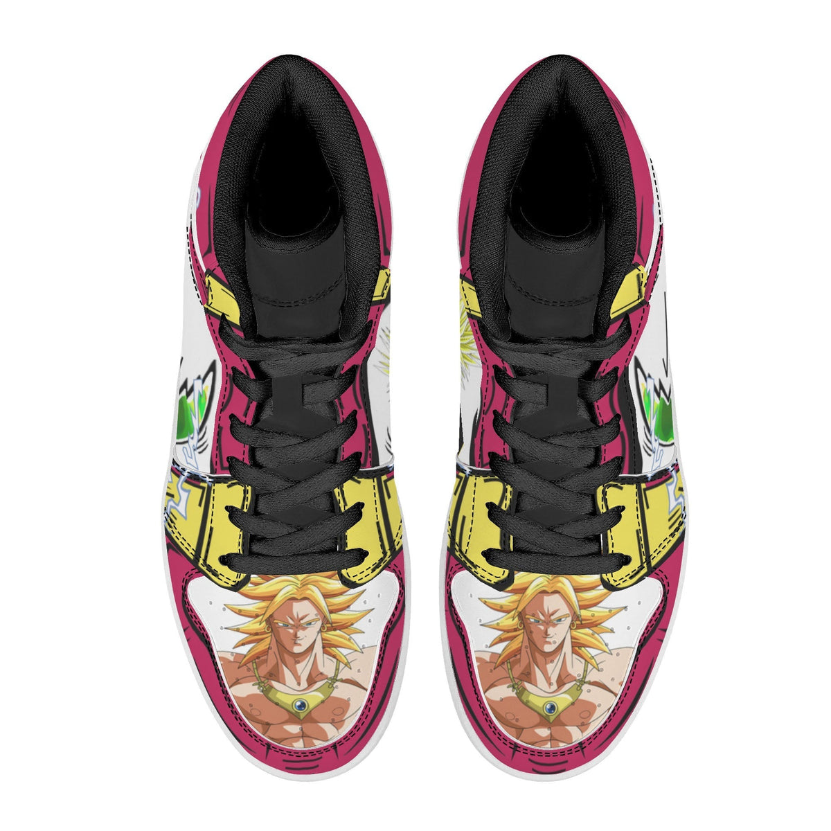 Dragon Ball Broly Anime High Top Sneakers, Fuchsia Yellow White Custom Print Streetwear Shoes, Men Women Casual Fashion Sneakers, Anime Fan Collectible Footwear Gift