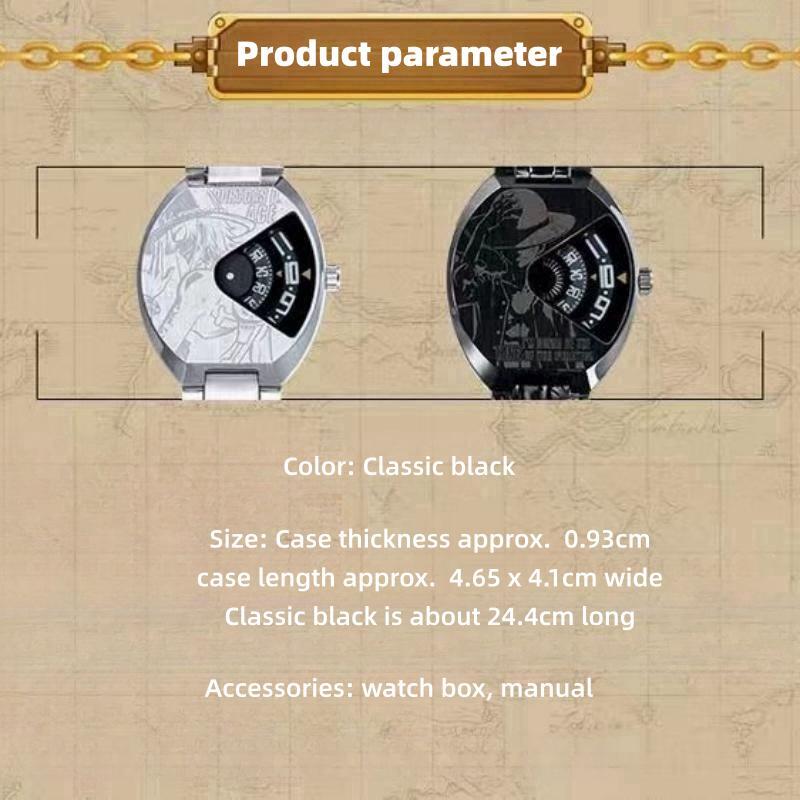 One Piece Luffy Wanted Poster Anime Wrist Watch for Men, Unique Rotating Dial Quartz Watch, Stainless Steel & Leather Strap, One Piece Skull Logo Analog Watch, Anime Cosplay Collectible Gift for One Piece Fans