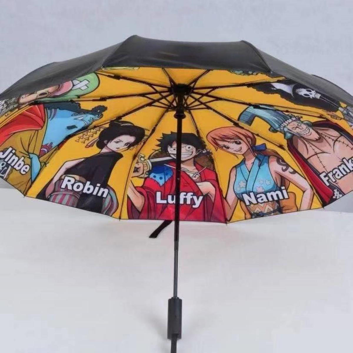 One Piece Anime Folding Umbrella, Luffy Zoro Nami Chopper Crew Print Auto Open Close Compact Travel Umbrella, UV Protection Rainproof Portable Windproof Umbrella Gift for One Piece Anime Fans