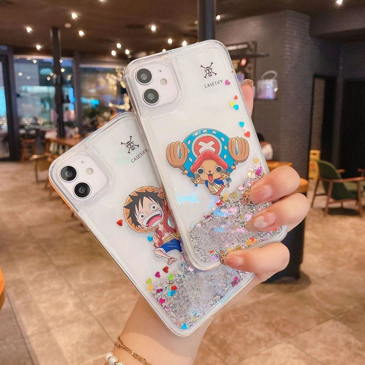 One Piece Liquid Glitter Phone Case, Luffy Chopper Anime Quicksand Clear Phone Cover, Floating Sequins Shockproof Protective Case for iPhone Multiple Models