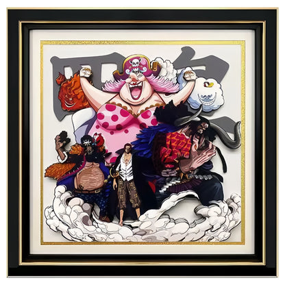 One Piece Four Emperors Yonko 3D Paper Art Framed Wall Decor, Big Mom Kaido Shanks Blackbeard Layered Paper Cut Painting, Anime 3D Shadow Box Artwork, Framed Wall Hanging Decor, One Piece Fan Collectible Gift