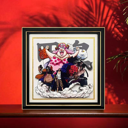 One Piece Four Emperors Yonko 3D Paper Art Framed Wall Decor, Big Mom Kaido Shanks Blackbeard Layered Paper Cut Painting, Anime 3D Shadow Box Artwork, Framed Wall Hanging Decor, One Piece Fan Collectible Gift