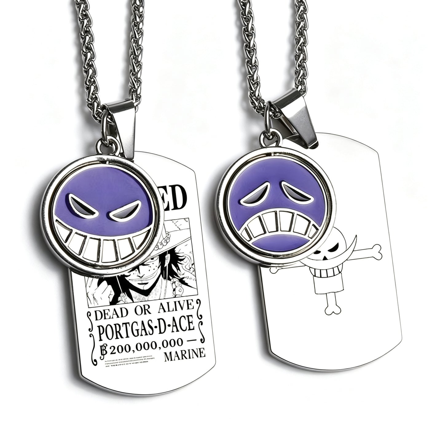 One Piece Portgas D. Ace Rotatable Pendant Necklace, Stainless Steel Dog Tag Wanted Poster Necklace Anime Jewelry Gift For Collection Fans