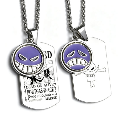 One Piece Portgas D. Ace Rotatable Pendant Necklace, Stainless Steel Dog Tag Wanted Poster Necklace Anime Jewelry Gift For Collection Fans