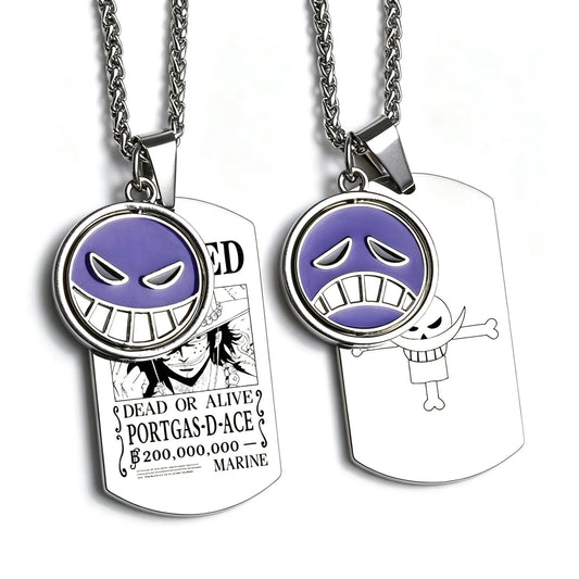 One Piece Portgas D. Ace Rotatable Pendant Necklace, Stainless Steel Dog Tag Wanted Poster Necklace Anime Jewelry Gift For Collection Fans
