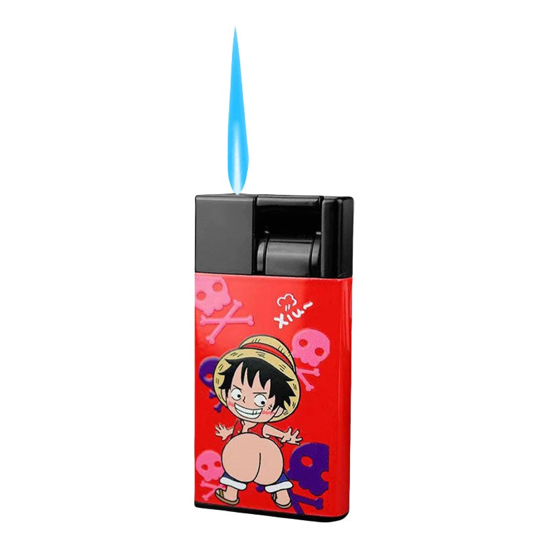 One Piece Monkey D. Luffy Torch Lighter, Anime Luffy Cartoon Printed Windproof Blue Flame Lighter, Rechargeable Inflatable Cigarette Lighter, One Piece Anime Collectible Gift for Anime Fans