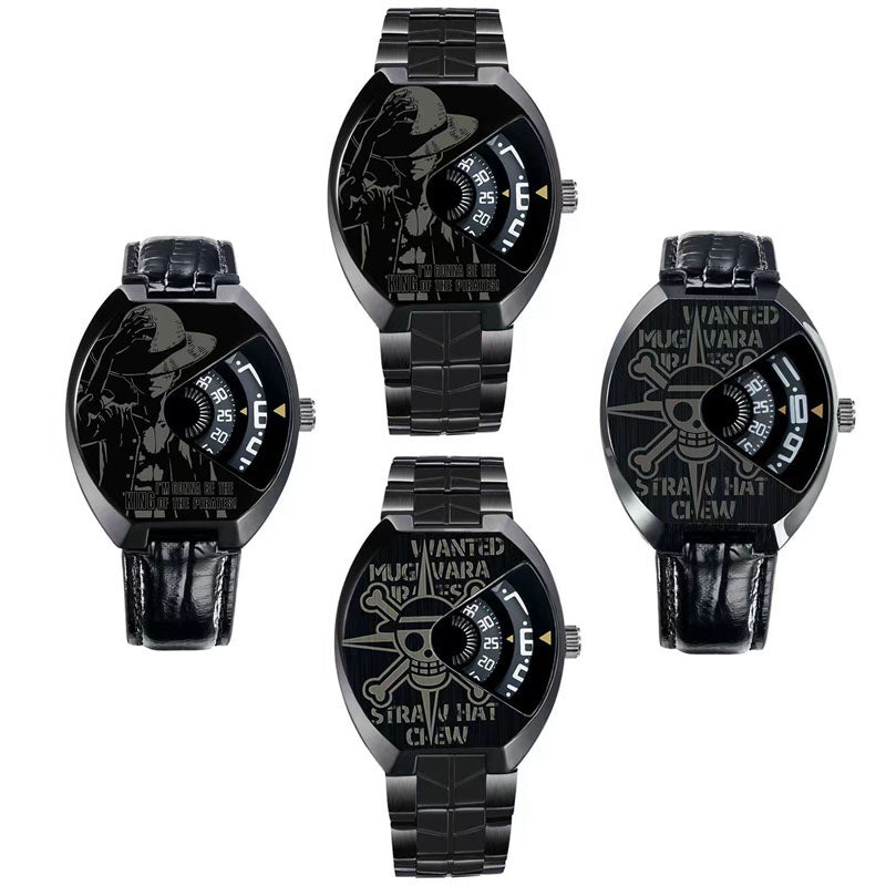 One Piece Luffy Wanted Poster Anime Wrist Watch for Men, Unique Rotating Dial Quartz Watch, Stainless Steel & Leather Strap, One Piece Skull Logo Analog Watch, Anime Cosplay Collectible Gift for One Piece Fans