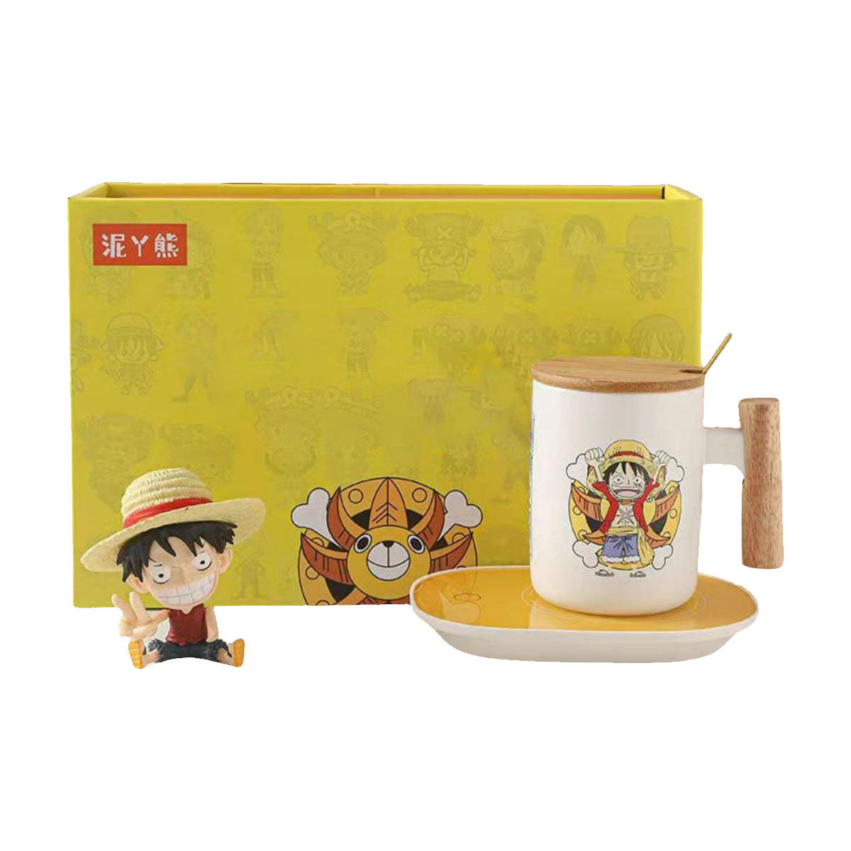 One Piece Anime Ceramic Mug with Wooden Handle, Luffy Chopper Zoro Cartoon Coffee Cup with Bamboo Lid & Spoon, Anime Water Cup Gift Set for One Piece Fans