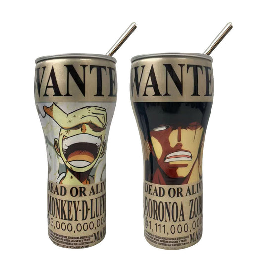 One Piece Anime Tumbler with Straw, Stainless Steel Insulated Travel Cup, Luffy Zoro Nami Wanted Poster Design Coffee Mug, Leak Proof Reusable Water Bottle, One Piece Merch Gift for Anime Fans