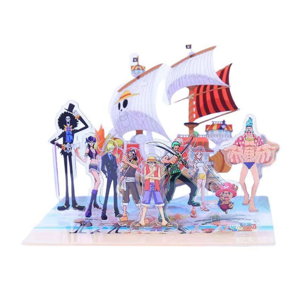 One Piece Straw Hat Pirates Acrylic Standee Scene Set, Luffy Zoro Nami Sanji Chopper Crew & Thousand Sunny Ship Acrylic Figure Stand, HD Printed Tabletop Display Ornament, Anime Fan Collectible Birthday Gift