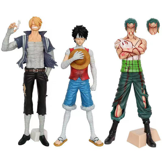One Piece Anime Figure, Luffy Zoro Sanji Statue, Bandage Wounded Version Collectible Figurine with Extra Head, PVC Model Toy, Desktop Decoration, One Piece Fan Merch Gift